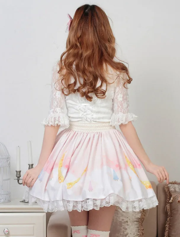 Sweet Light Pink White Printed Lolita Skirt with Lace Trim