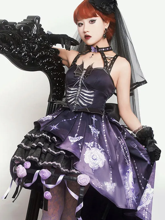 Sweet Lolita JSK Dress Floral Print Applique Bows Purple Lolita Jumper Skirts