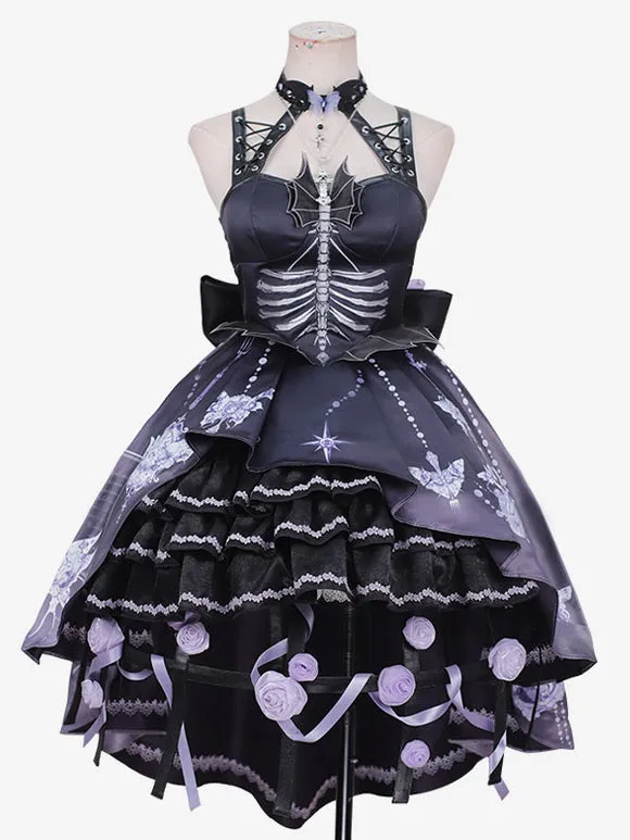 Sweet Lolita JSK Dress Floral Print Applique Bows Purple Lolita Jumper Skirts