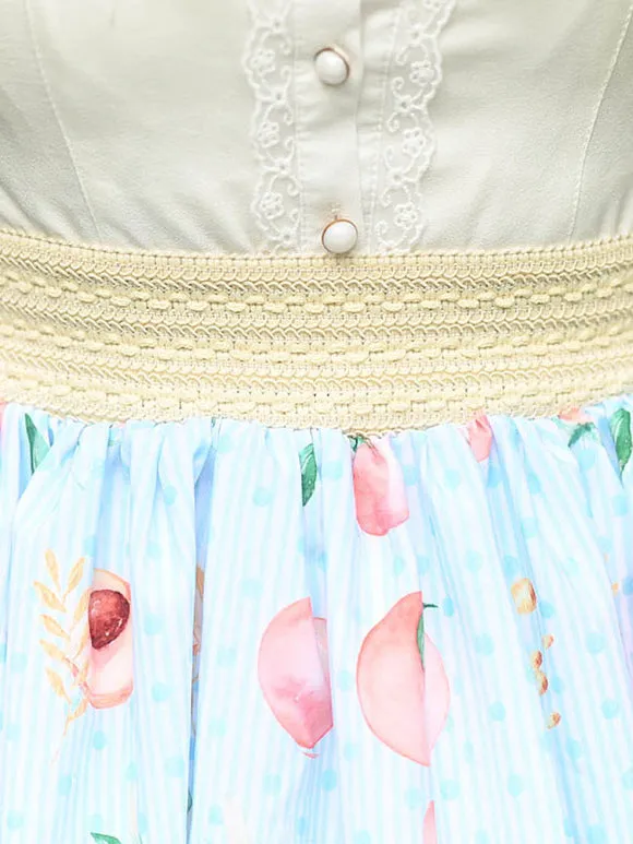 Sweet Lolita Overskirt Fruit Floral Print Light Sky Blue Lace Daily Casual Tea Party Sweet Lolita Skirts