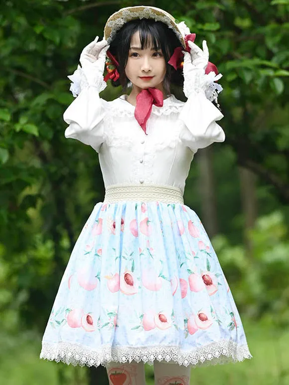 Sweet Lolita Overskirt Fruit Floral Print Light Sky Blue Lace Daily Casual Tea Party Sweet Lolita Skirts