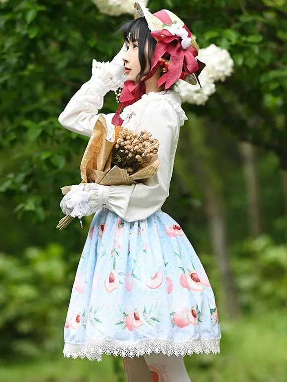 Sweet Lolita Overskirt Fruit Floral Print Light Sky Blue Lace Daily Casual Tea Party Sweet Lolita Skirts