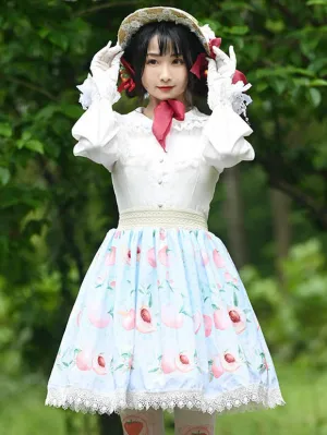 Sweet Lolita Overskirt Fruit Floral Print Light Sky Blue Lace Daily Casual Tea Party Sweet Lolita Skirts