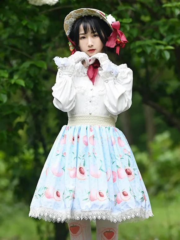 Sweet Lolita Overskirt Fruit Floral Print Light Sky Blue Lace Daily Casual Tea Party Sweet Lolita Skirts