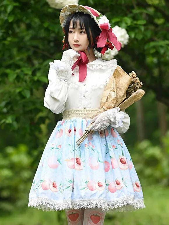 Sweet Lolita Overskirt Fruit Floral Print Light Sky Blue Lace Daily Casual Tea Party Sweet Lolita Skirts