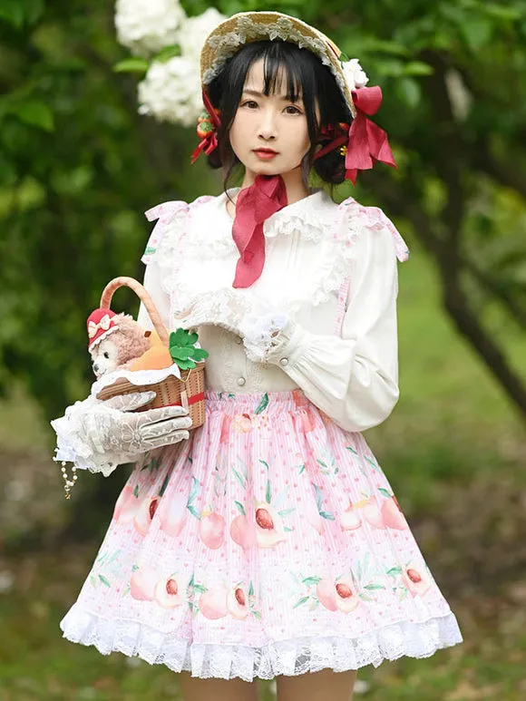 Sweet Lolita SK Leaf Fruit Floral Pattern Pink Lace Lolita Skirts
