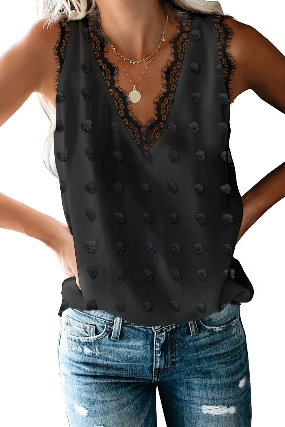 Swiss Dot Lace Stitching V Neck Tank Top