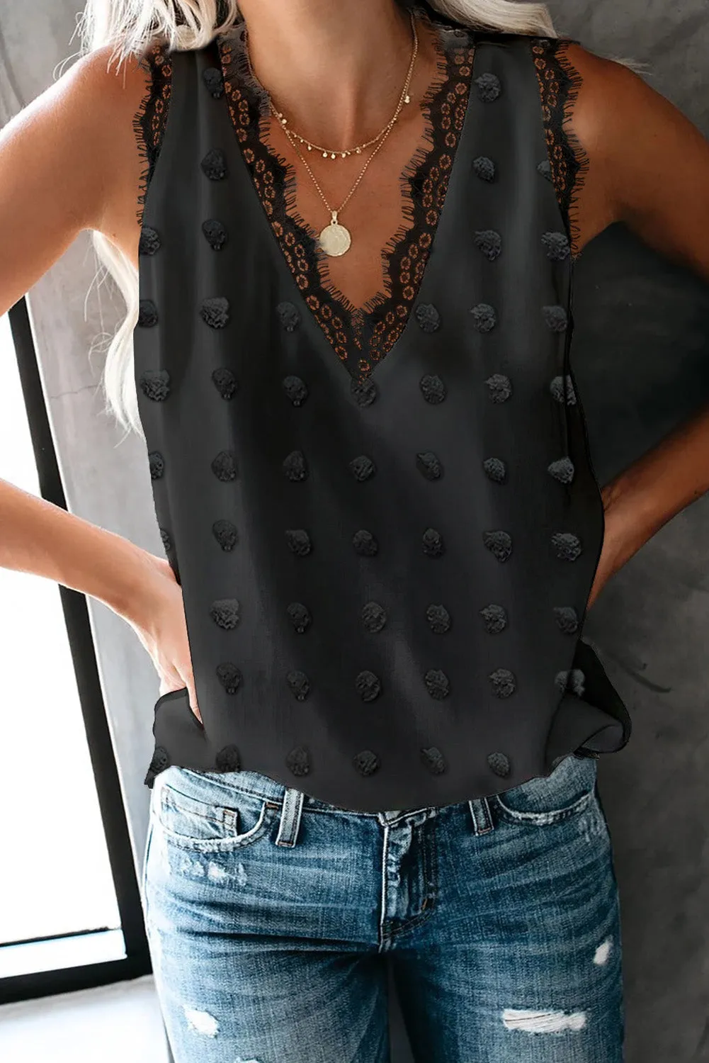 Swiss Dot Lace Stitching V Neck Tank Top