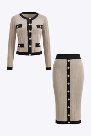 Toni - Chic Knit Button Woman's Cardigan and Skirt Set