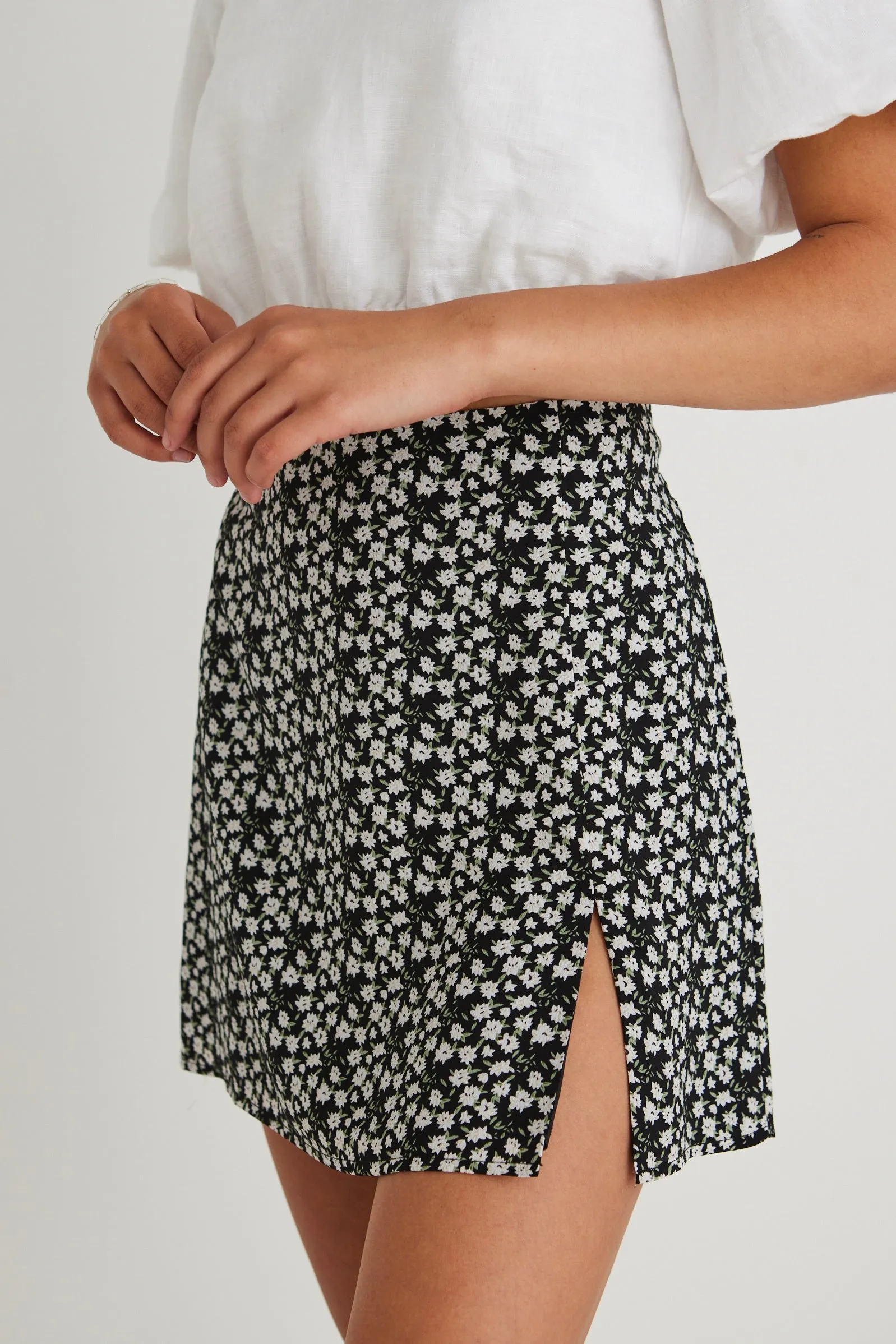 Triumph Black Ditsy Floral Split Front Mini Skirt