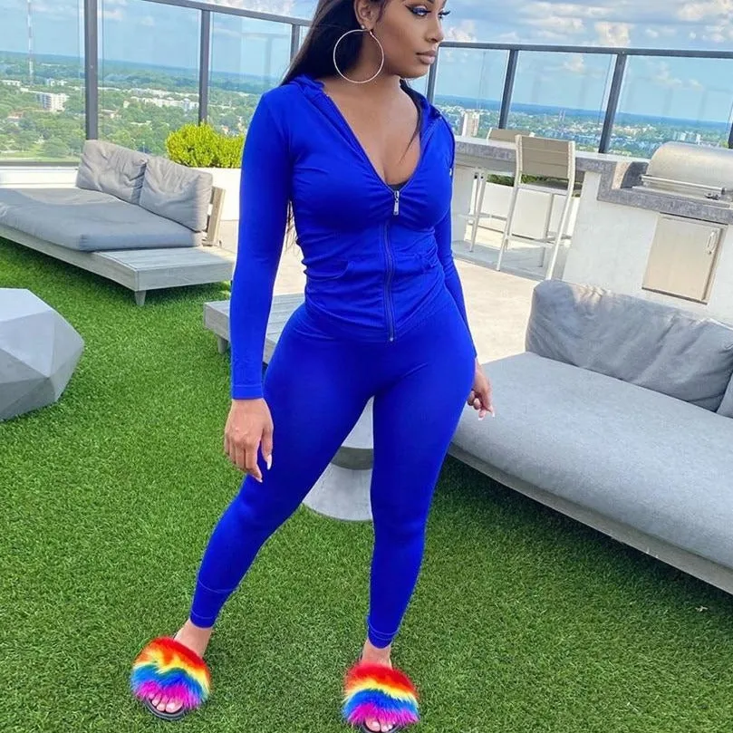 two piece set women long sleeve hooded zipper pocket sporty Jackets leggings matching sets workout stretchy outfits