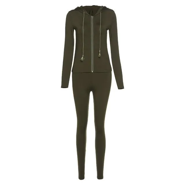 two piece set women long sleeve hooded zipper pocket sporty Jackets leggings matching sets workout stretchy outfits