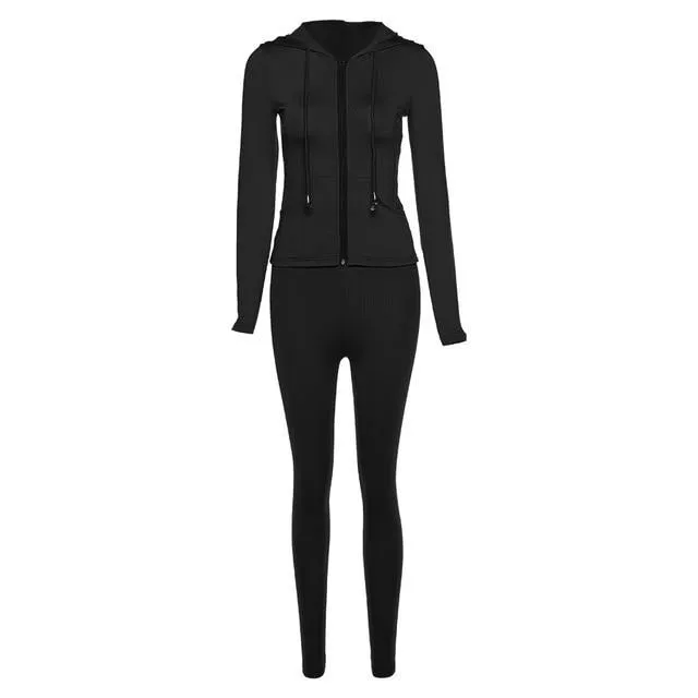 two piece set women long sleeve hooded zipper pocket sporty Jackets leggings matching sets workout stretchy outfits