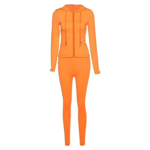 two piece set women long sleeve hooded zipper pocket sporty Jackets leggings matching sets workout stretchy outfits