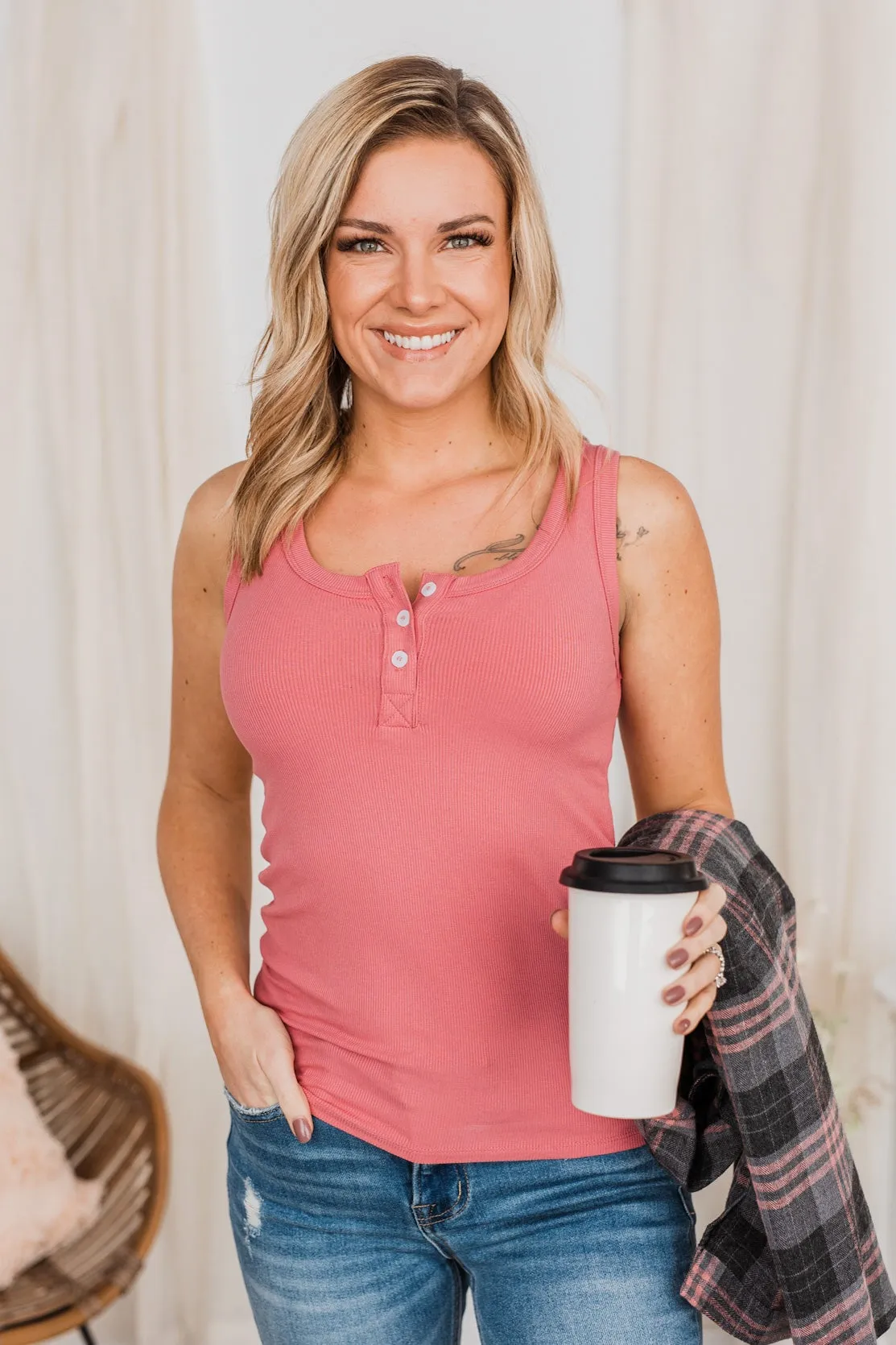 Uplifting Spirits Button Henley Tank Top- Berry
