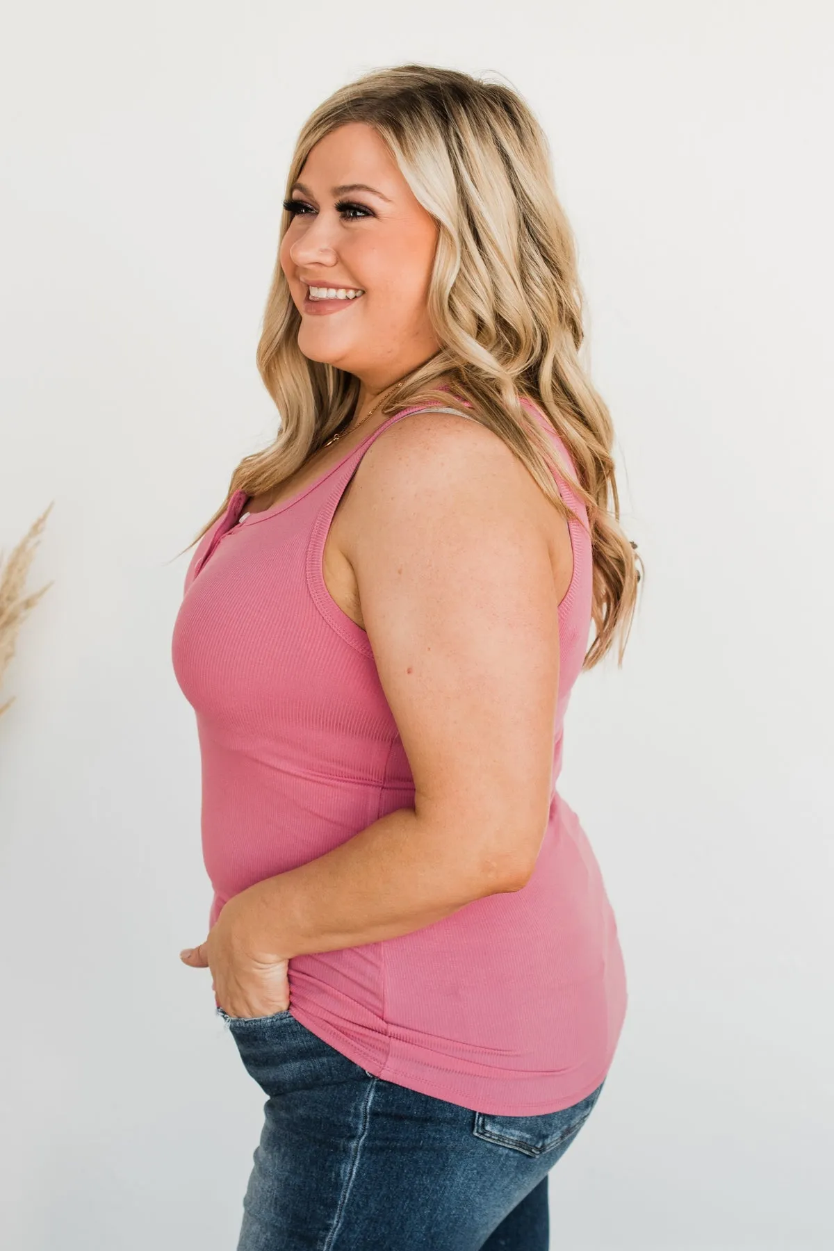 Uplifting Spirits Button Henley Tank Top- Bubblegum Pink