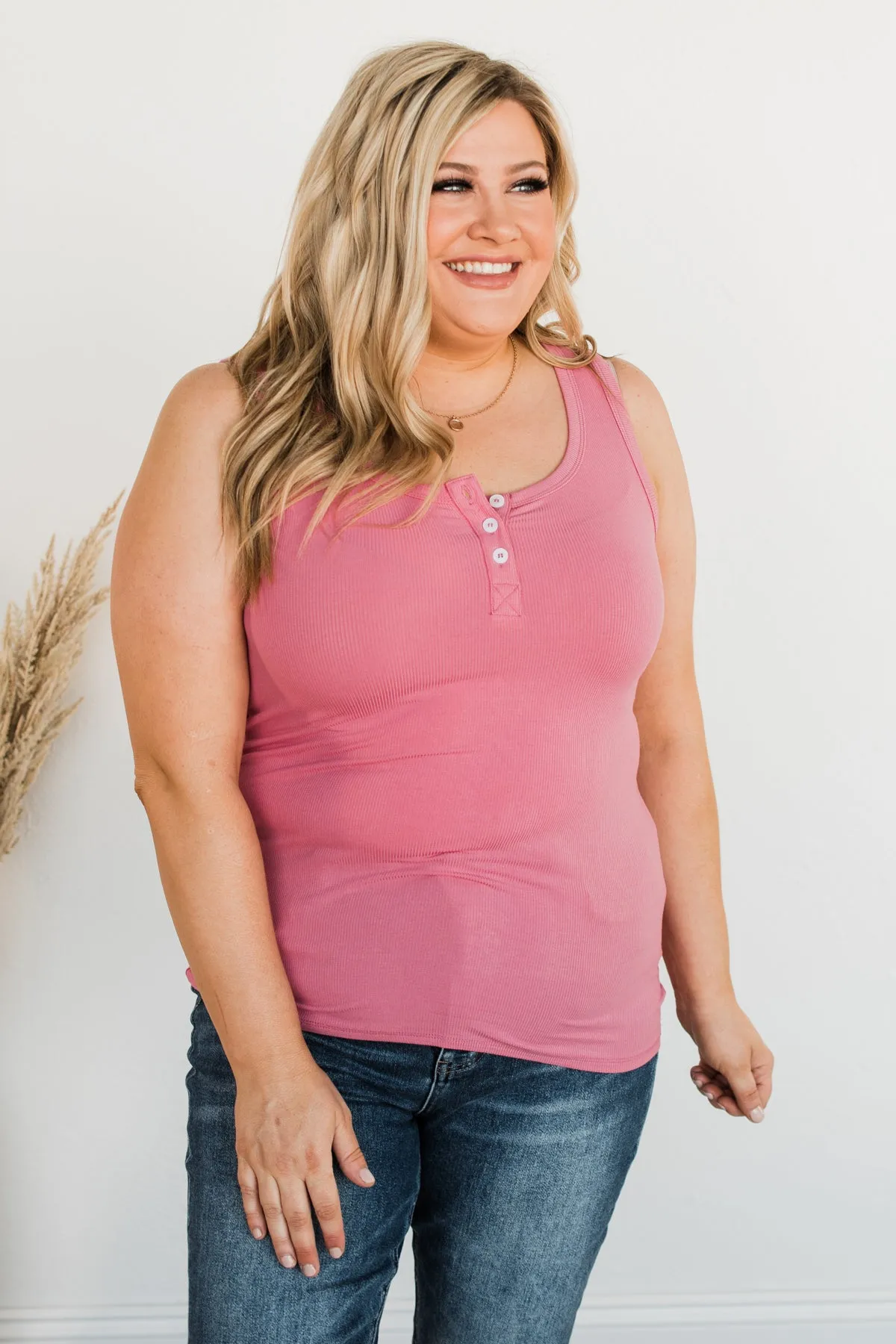 Uplifting Spirits Button Henley Tank Top- Bubblegum Pink