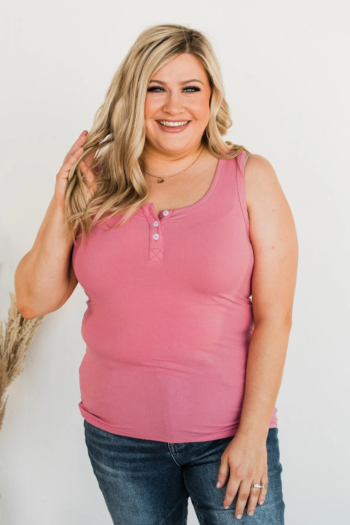 Uplifting Spirits Button Henley Tank Top- Bubblegum Pink