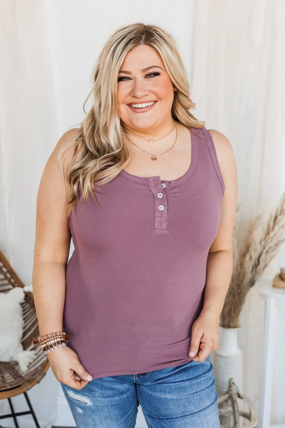 Uplifting Spirits Button Henley Tank Top- Grape