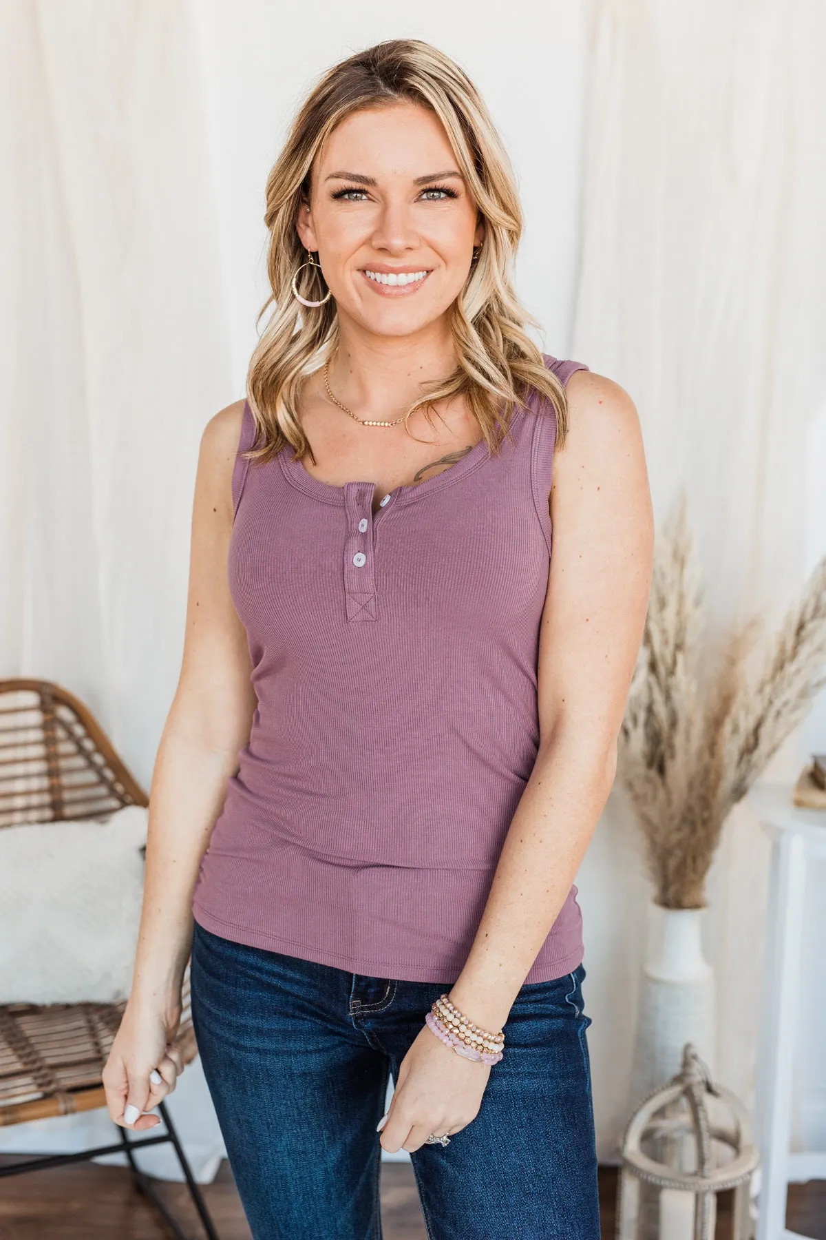 Uplifting Spirits Button Henley Tank Top- Grape
