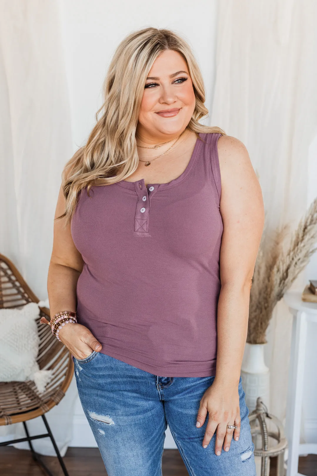 Uplifting Spirits Button Henley Tank Top- Grape