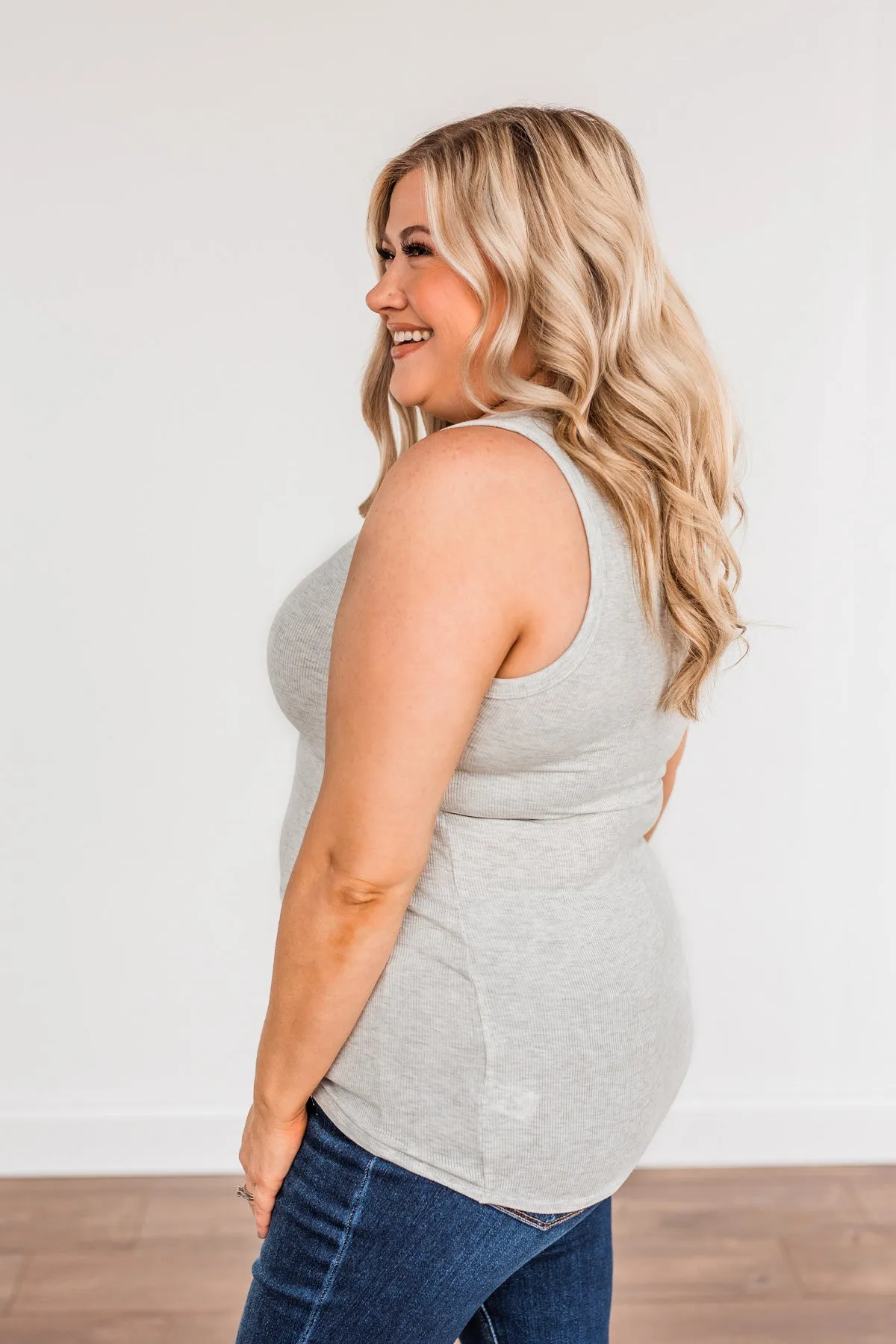 Uplifting Spirits Button Henley Tank Top- Heather Grey