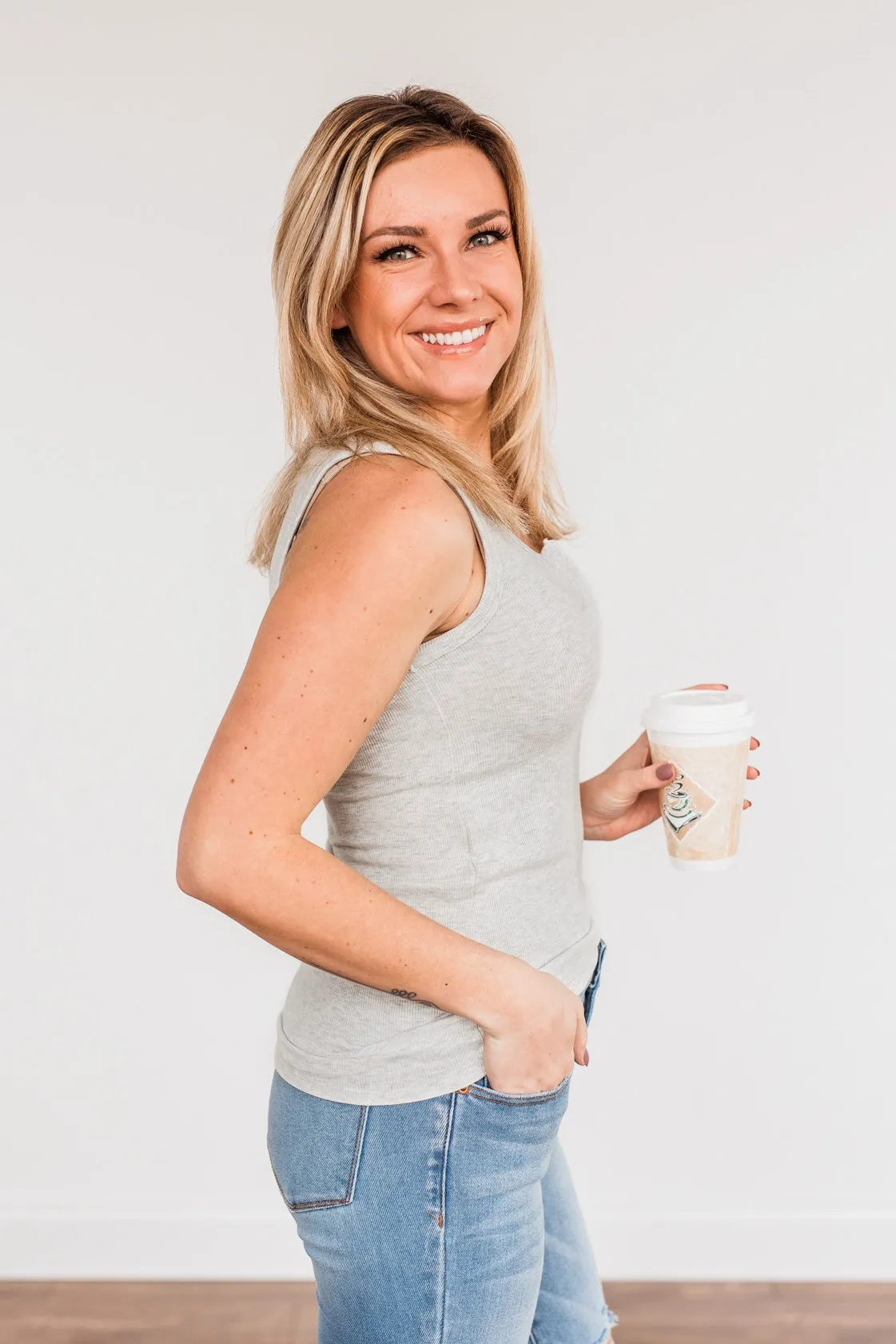 Uplifting Spirits Button Henley Tank Top- Heather Grey