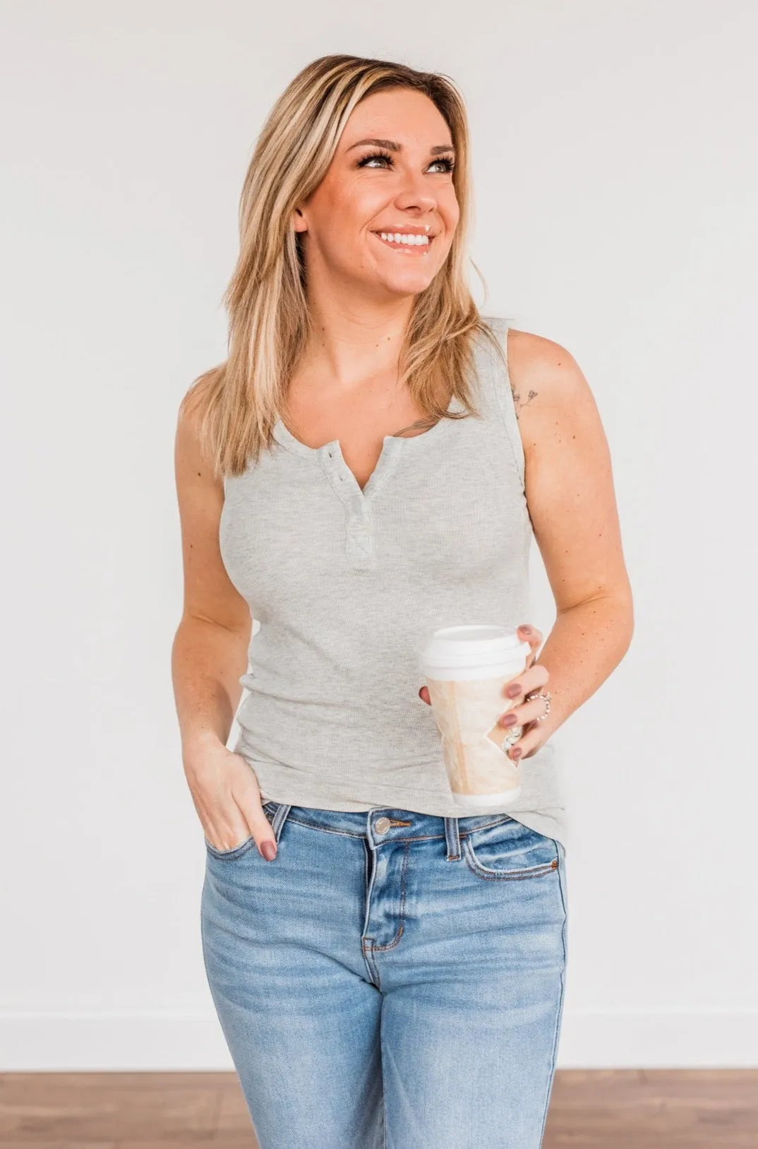 Uplifting Spirits Button Henley Tank Top- Heather Grey