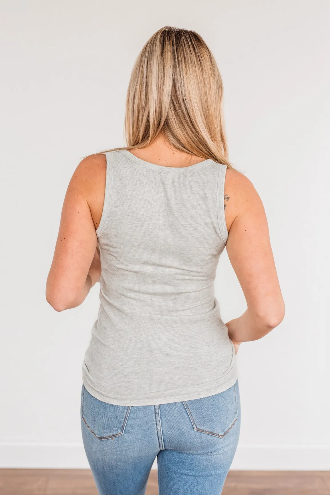 Uplifting Spirits Button Henley Tank Top- Heather Grey