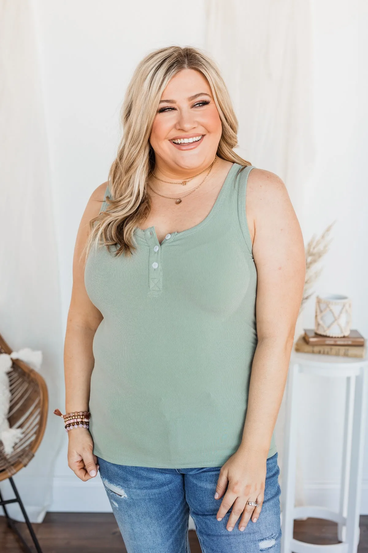 Uplifting Spirits Button Henley Tank Top- Sage