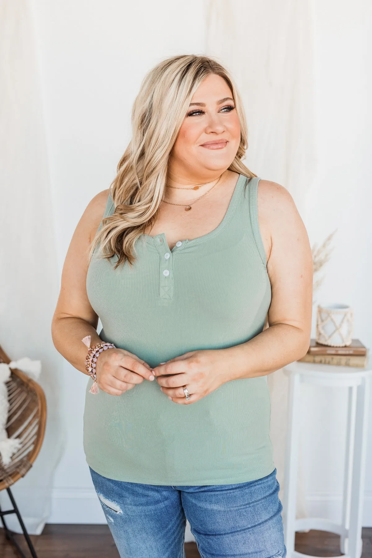 Uplifting Spirits Button Henley Tank Top- Sage