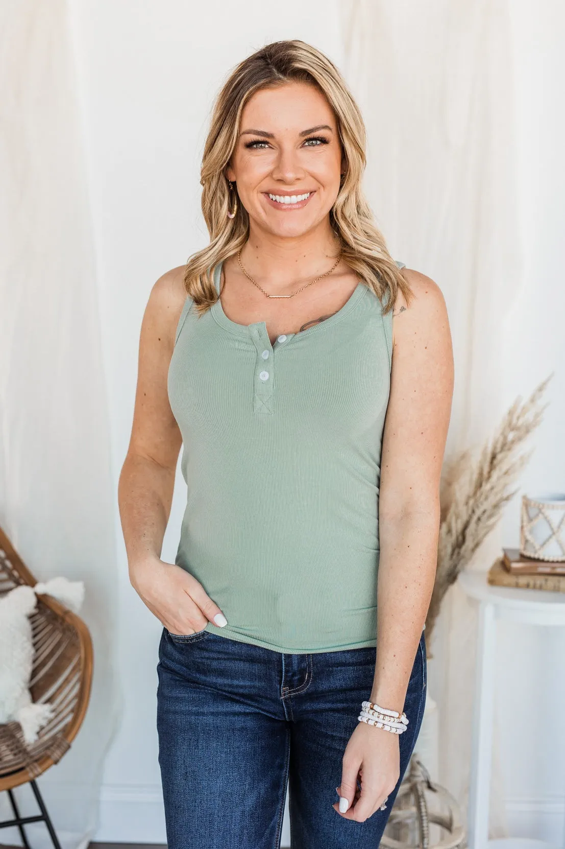 Uplifting Spirits Button Henley Tank Top- Sage