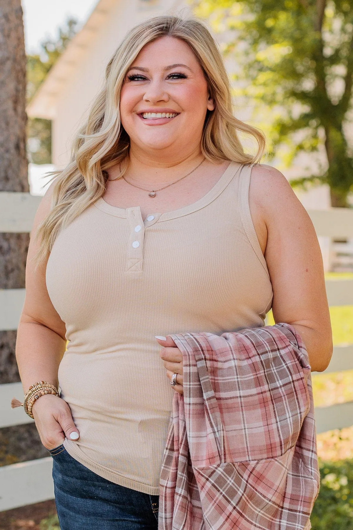 Uplifting Spirits Button Henley Tank Top- Taupe