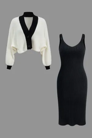 Veronicaet - Chic Contrast Button Woman's Cropped Cardigan and Slip Dress Set