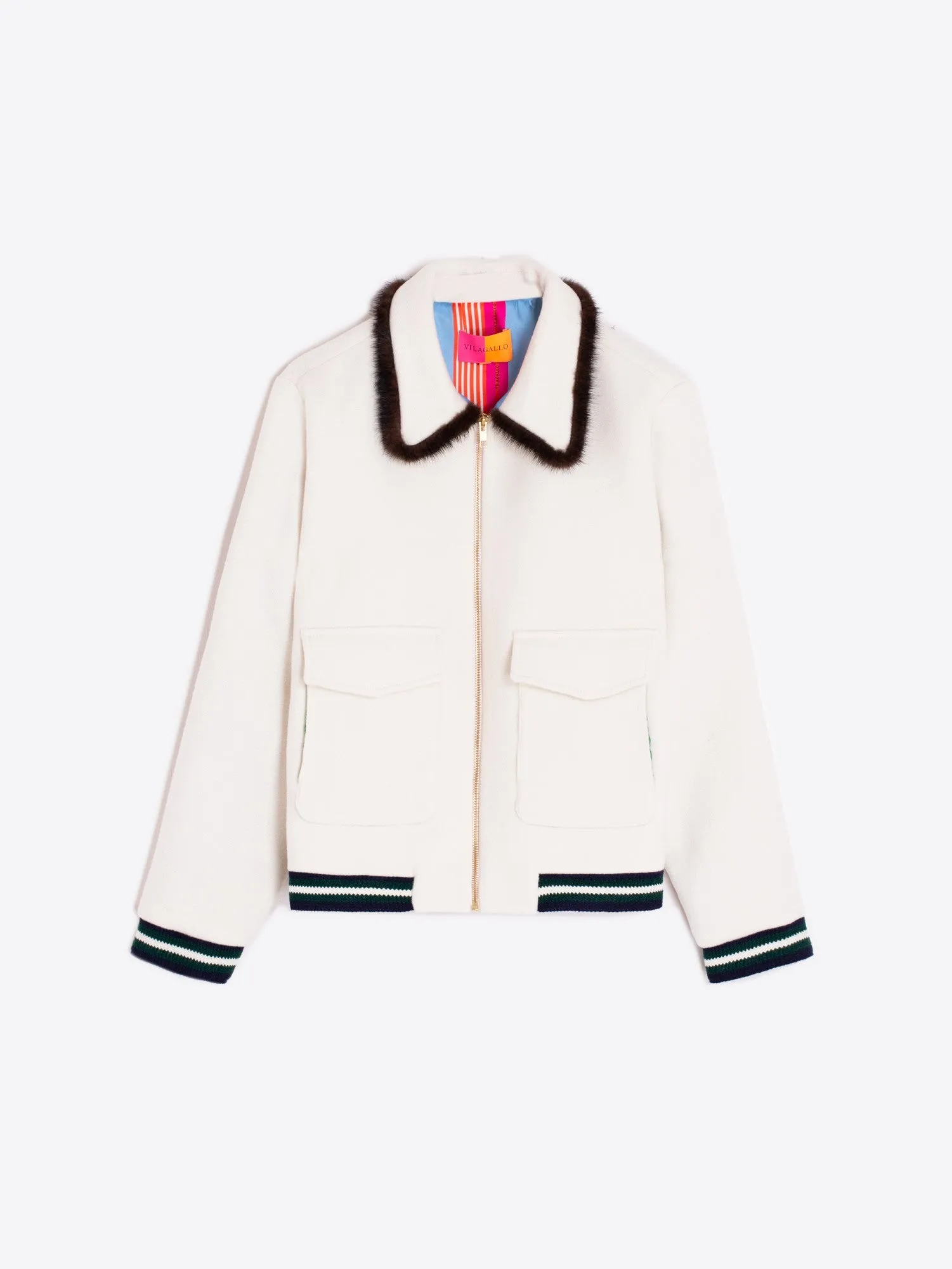 Vilagallo Cream Wool Bomber Jacket with Fur Collar