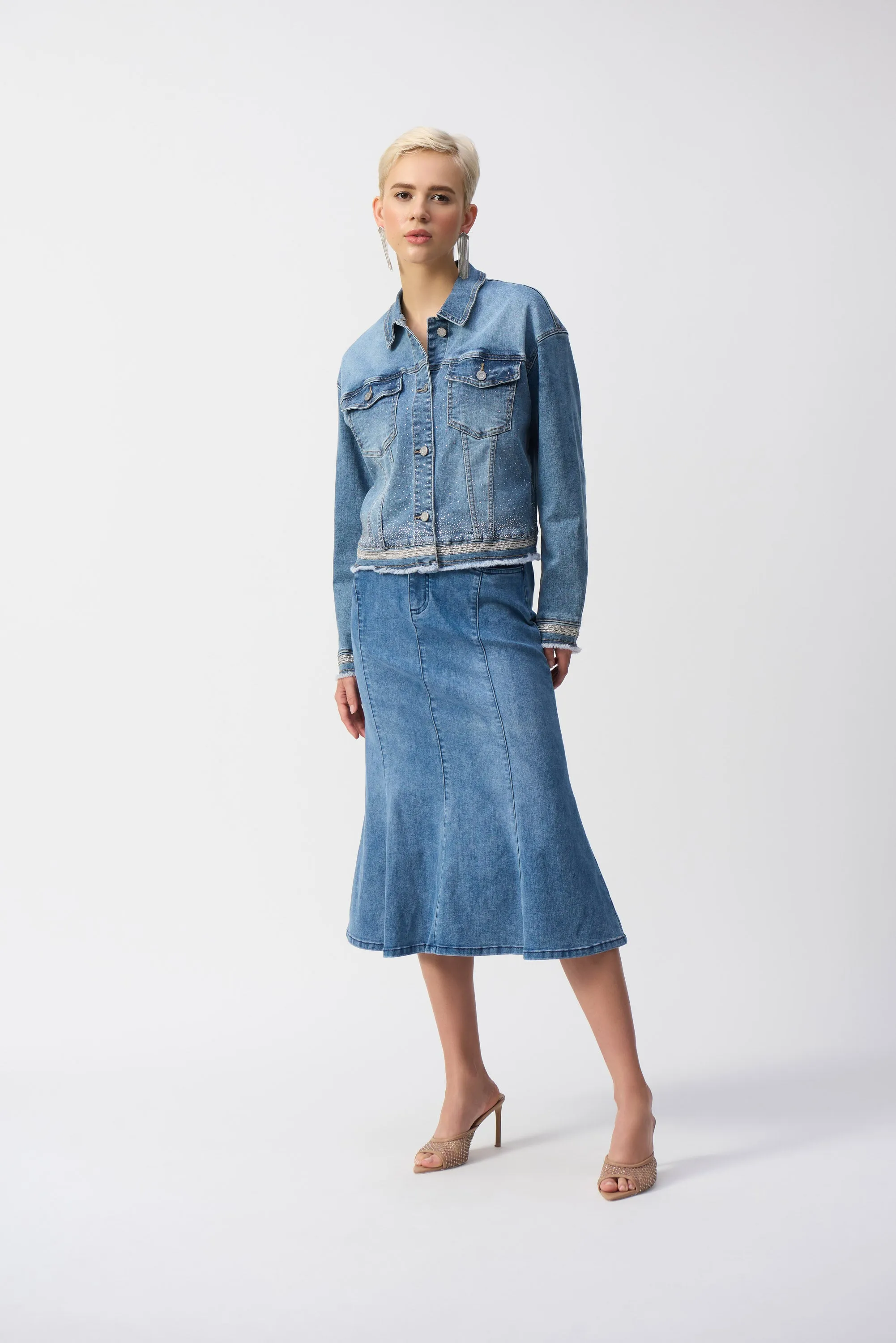 Vintage Blue Stretch Denim Jacket with Embroidery