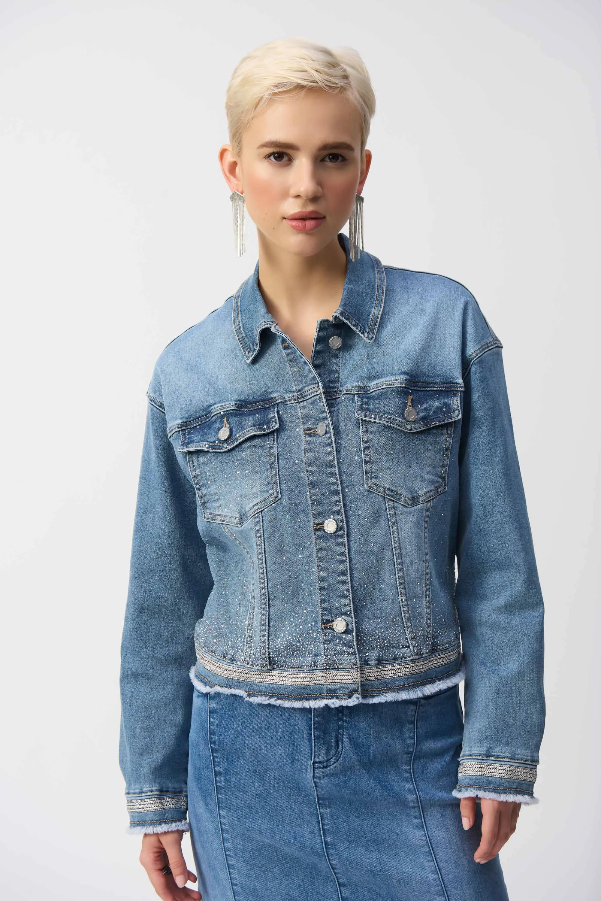 Vintage Blue Stretch Denim Jacket with Embroidery