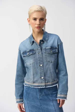 Vintage Blue Stretch Denim Jacket with Embroidery