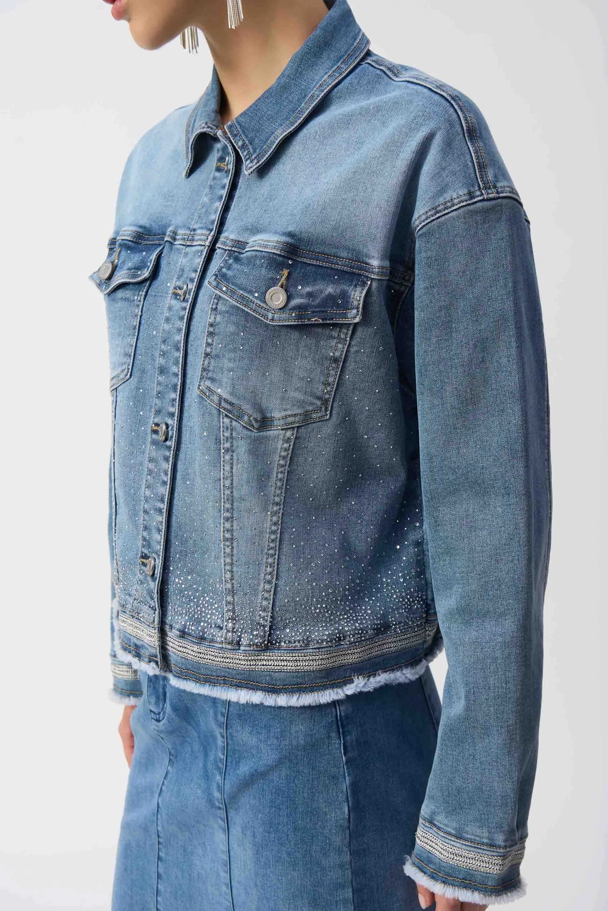 Vintage Blue Stretch Denim Jacket with Embroidery
