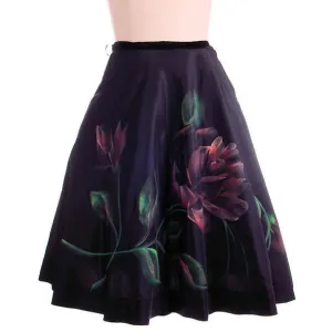 Vintage Circle Skirt Hand Painted Rose On Black  1950S 30" Waist