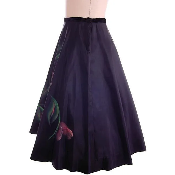 Vintage Circle Skirt Hand Painted Rose On Black  1950S 30" Waist