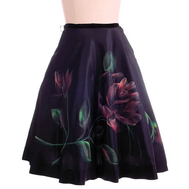 Vintage Circle Skirt Hand Painted Rose On Black  1950S 30" Waist