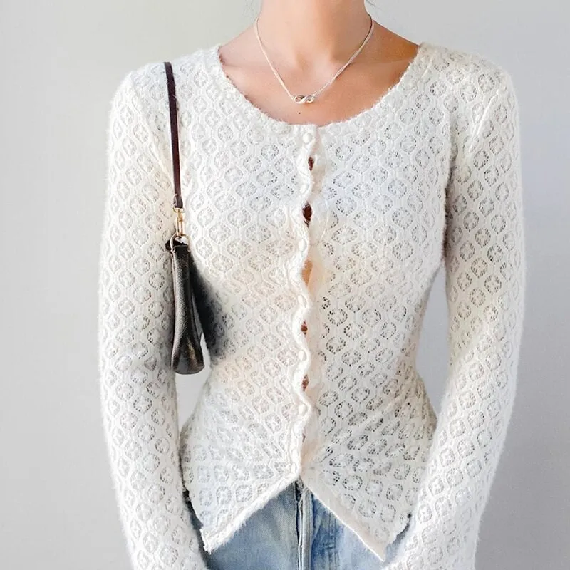 White Fitted Jacquard Long Sleeve Cardigan