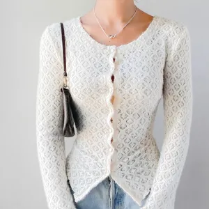 White Fitted Jacquard Long Sleeve Cardigan