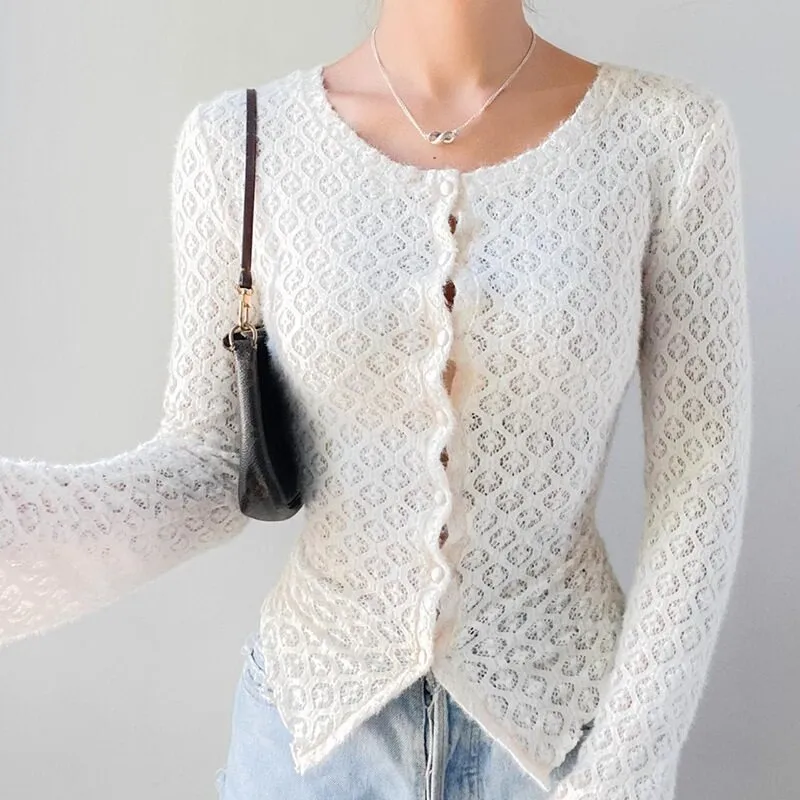White Fitted Jacquard Long Sleeve Cardigan