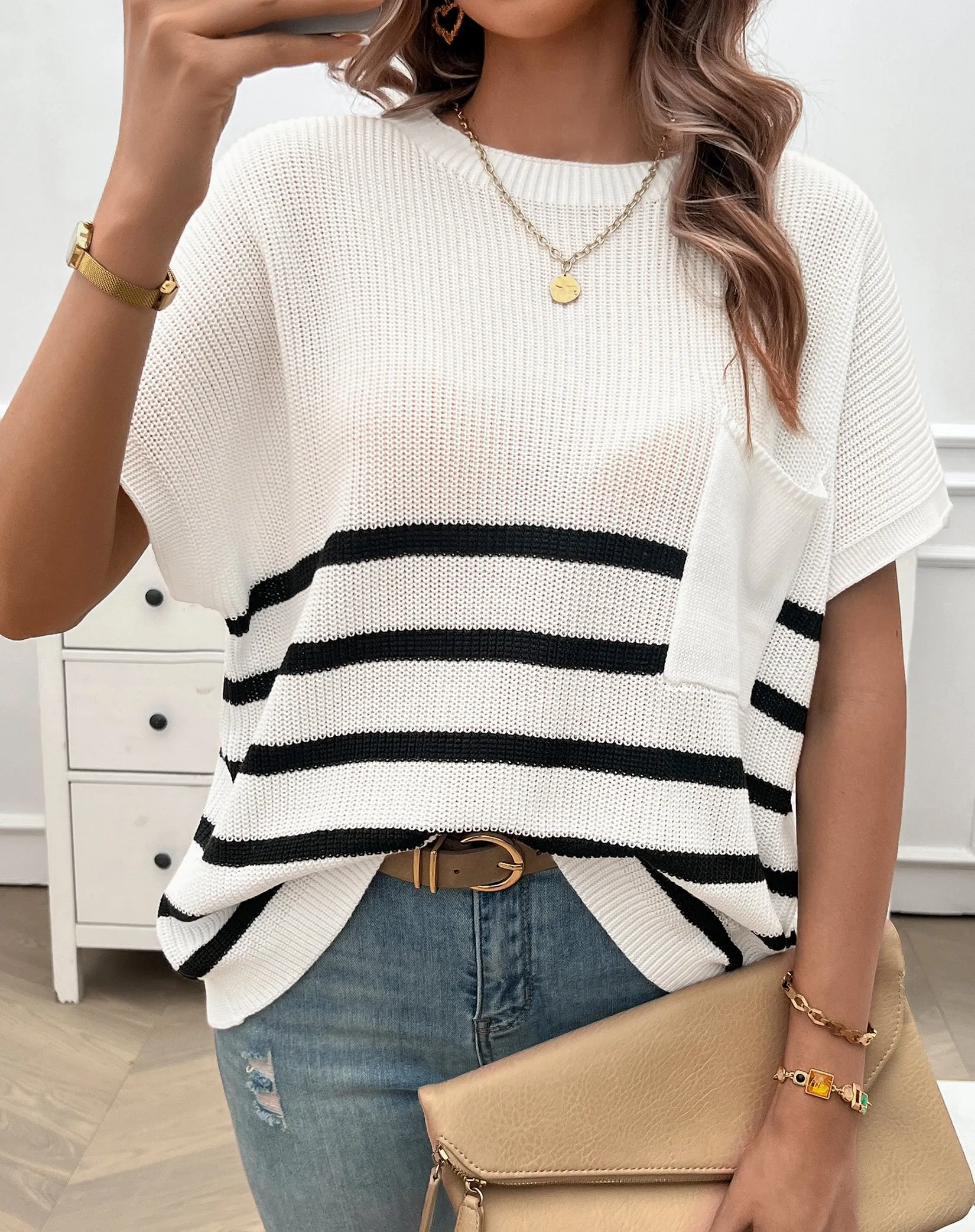 White Textured Striped Top
