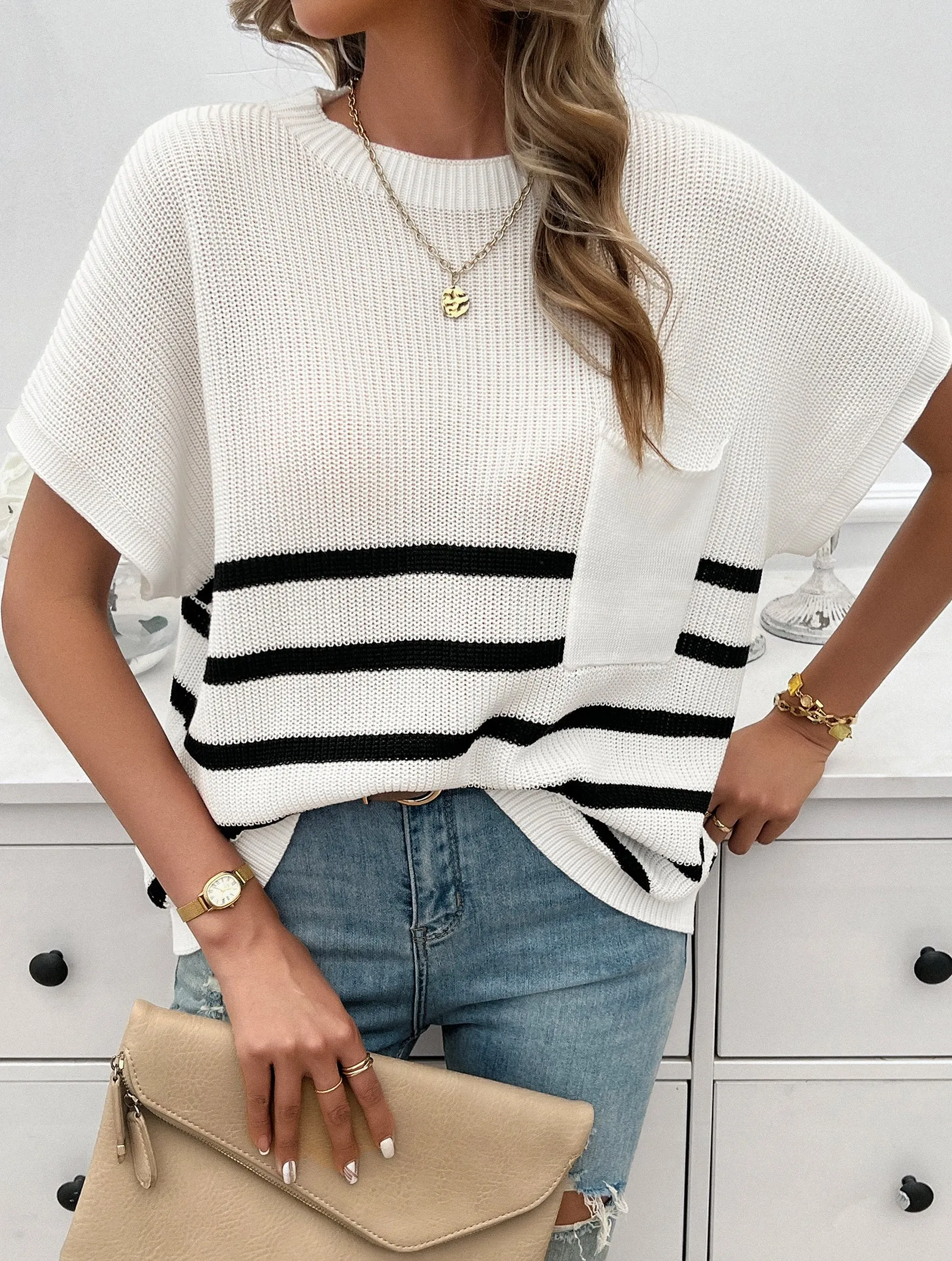 White Textured Striped Top