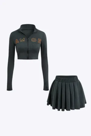 Wilma - Letter Embroidered Rib Knit Woman's Cardigan & Skirt Set