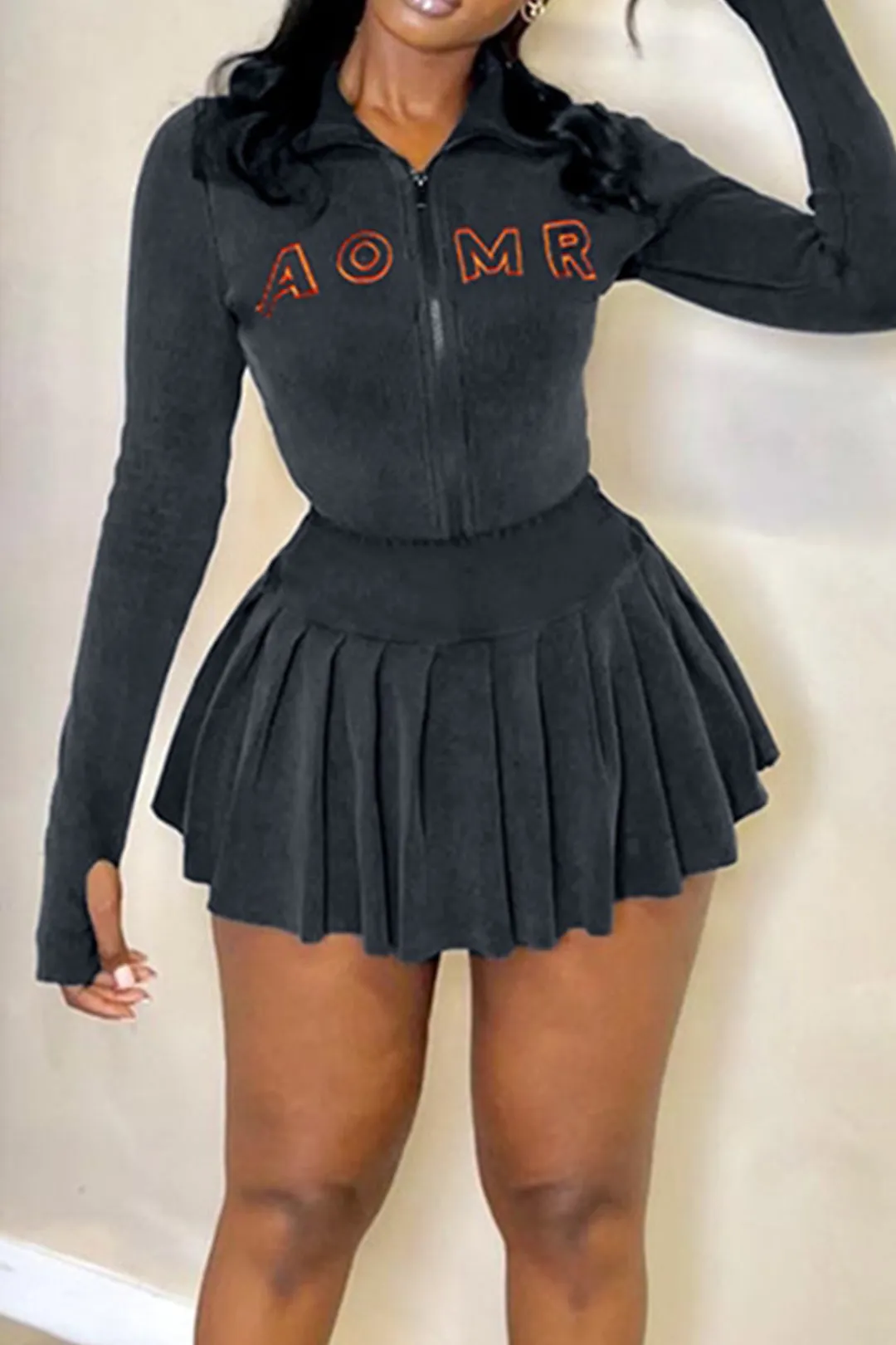 Wilma - Letter Embroidered Rib Knit Woman's Cardigan & Skirt Set