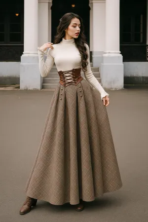 Women Checkered Skirts Vintage High Waisted Button Long Maxi Cotton-Blend Drawstring Skirts